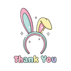 Cute cartoon bunny ears headband with sparkling stars and the text thank you isolated on transparent, perfect for greeting cards or party decorations