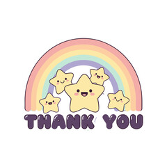 Charming cartoon stars with happy faces in front pastel rainbow and the text thank you isolated on transparent, perfect for cheerful messages and thank you notes