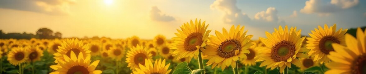 A vibrant field of sunflowers basking in the warm sunlight, their golden petals reaching towards the sky A perfect image for summer, nature, and happiness themes , energy, cheerful, bright