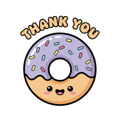 Adorable cartoon donut with happy face, colorful sprinkles, and the text thank you isolated on transparent, ideal for expressing gratitude or as sweet treat