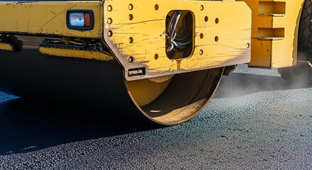 Yellow Road Roller Compacting Asphalt on Street in Bright Sunlight