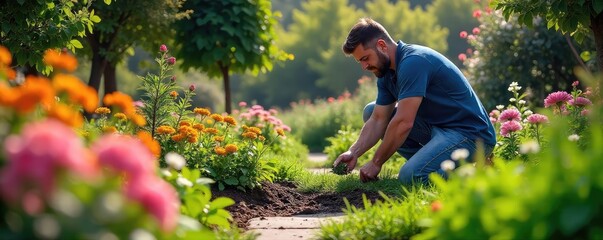 A team of gardeners diligently plants vibrant flowers and lush greenery in a meticulously planned landscape design, creating a beautiful outdoor space , watering can, gloves
