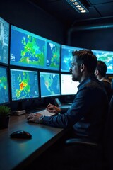 A team of meteorologists intensely analyzes weather data on multiple screens, surrounded by complex meteorological equipment in a modern weather forecasting office , tornado, prediction, rain