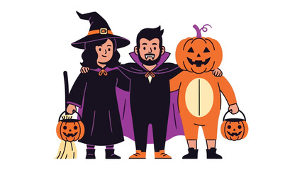 Halloween Friends: Three friends dressed as a witch, vampire, and pumpkin character stand together, embracing and carrying candy buckets, ready for trick-or-treating.