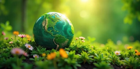 A vibrant green Earth generator powering blooming flowers and lush foliage, symbolizing sustainable energy and environmental protection for Earth Day , hope, growth