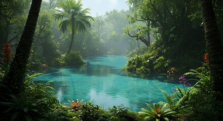 Tropical Jungle River with Lush Green Trees and Vibrant Plants in Serene Natural Setting