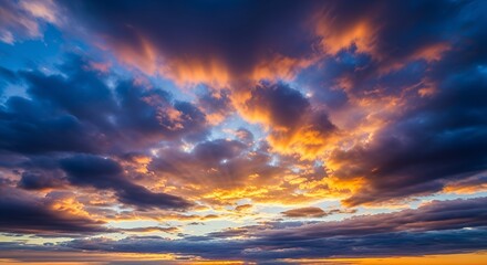 Vivid Sunset Sky with Colorful Clouds Over Horizon in Dramatic Evening Scene