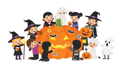 Halloween Pumpkin Crafting: A vibrant collection of children in charming Halloween costumes gathers to carve a whimsical pumpkin, symbolizing the enchanting spirit of the holiday.