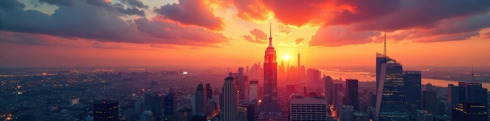 A thriving cityscape skyline at sunset, symbolizing ambition, growth, and the achievement of business goals Ideal for illustrating success, prosperity, and future potential , enterprise, potential