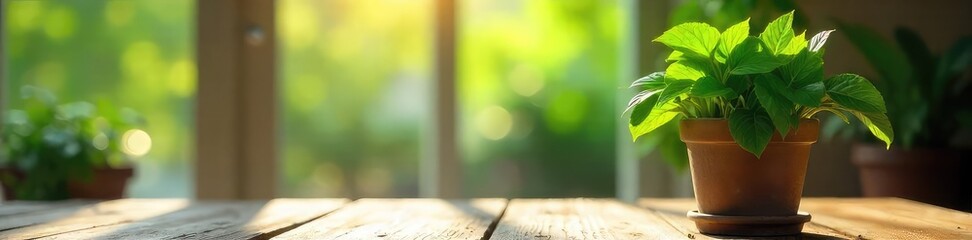 Lush Green Potted Plant in Sunlight on Rustic Wooden Table, Perfect for Home Decor and Spring Themes