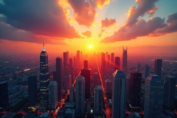 A thriving cityscape at sunset, symbolizing the vast potential and enduring success of a powerful enterprise, reaching for a prosperous future , vision, urban