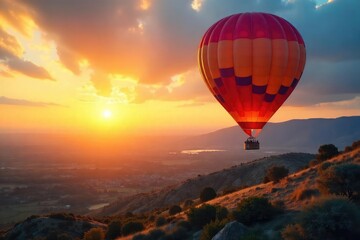 A vibrant hot air balloon ascends gracefully against a breathtaking sunrise, casting a warm glow on the landscape below Perfect for travel, adventure, and freedom concepts , wind, beautiful, flight