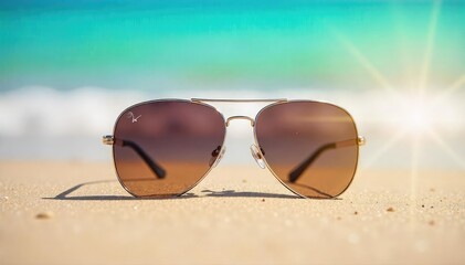 Stylish sunglasses resting on a sun-drenched beach, embodying summer vibes and relaxation Perfect for travel, vacation, and summer fashion promotional materials , hot, ocean, yellow