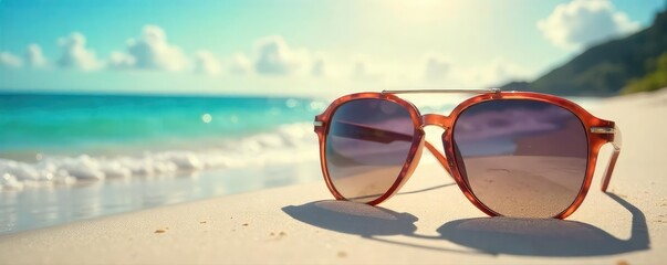 Stylish sunglasses resting on a vibrant summer beach scene, reflecting the bright sun and ocean Perfect for travel, vacation, and summer themes , sand, day, light