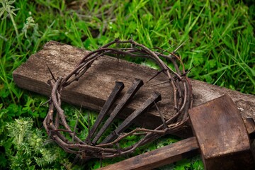 Wooden Crown on wooden cross with metal nails