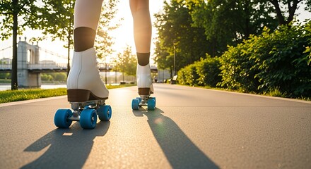 Person Wearing White Roller Skates Moving on Smooth Outdoor Path at Sunset