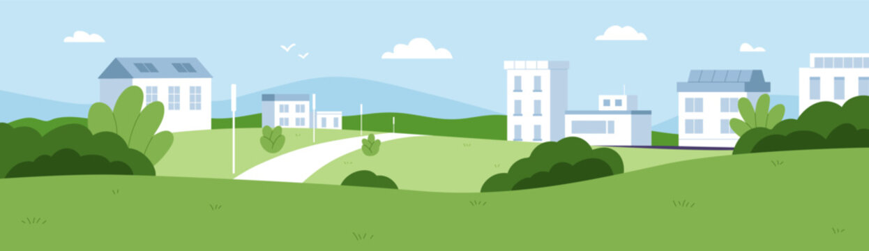 House buildings, grass hills, green suburban neighborhood. Summer landscape panorama with sky, clouds, road and apartment structures in eco urban district, suburbia scenery. Flat vector illustration.
