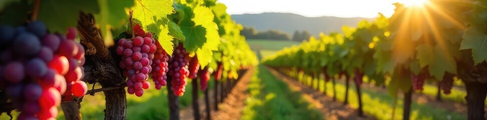 Fototapeta premium Sunlight dapples rows of ripe grapes hanging heavy on the vines, ready for harvest in a picturesque vineyard The idyllic scene evokes the beauty and promise of winemaking , rural, foliage