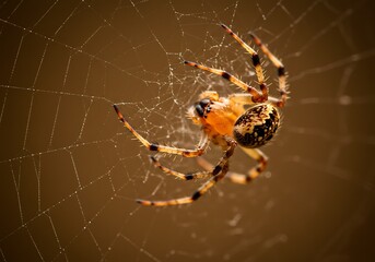 Macro shot of a detailed orb-weaver spider on a dew-kissed web, intricate patterns, warm lighting