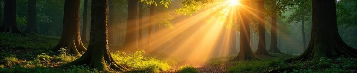 Sunbeams filtering through a dense forest canopy, dappling the forest floor with light and shadow Golden hour light creates a magical atmosphere , woods, rays, ecology