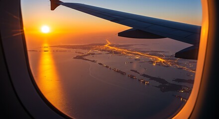 Majestic Sunset Flight Above Coastal City Lights and Ships Reflected in Golden Sea