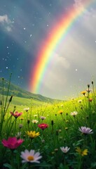 A vibrant rainbow arcing over a lush green meadow, sunlight illuminating wildflowers and dew-kissed grass Nature's breathtaking spectacle captured at dawn , tranquil, idyllic