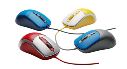 Four colorful computer mice with wires connected together on a white background isolated on white background