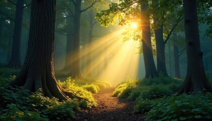 Sunbeams pierce a dense, mystical forest, illuminating a path through towering trees and dappled shadows Golden light creates a magical atmosphere , serene, woods