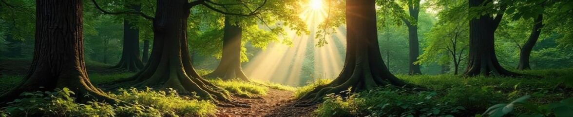 Ancient Trees Reaching for Sunlight in a Sun-Dappled Forest A Serene Wilderness Scene Perfect for Nature Conservation and Environmental Projects