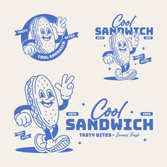 Retro rubber hose style mascot of a smiling sandwich character walking and making a peace gesture. Vintage cartoon illustration with typography for cafe branding and food packaging.