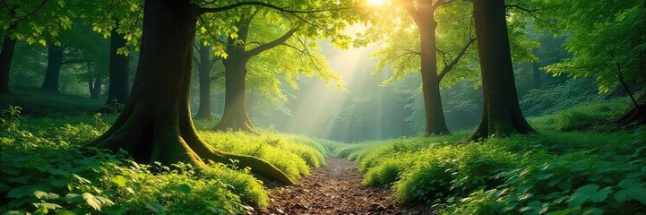 Sun-dappled forest floor, lush green foliage, ancient trees, dappled sunlight filtering through the canopy, peaceful wilderness scene Tranquil, serene, untouched nature , wilderness, green, organic