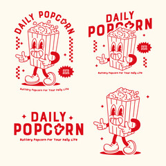 Retro rubber hose style mascot of a cheerful popcorn character in a striped box. Vintage cartoon illustration with typography for cinema snack branding and packaging.