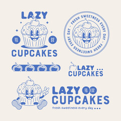 Retro cartoon logo of a cute cupcake mascot with a cherry on top. Playful vintage illustration for bakery branding, dessert shop identity, and sweet food packaging.