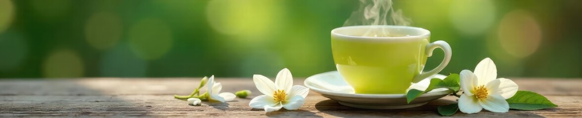 Steaming cup of jasmine green tea, delicate white flowers scattered nearby, soft natural light illuminates the scene, creating a serene and calming atmosphere ,  aroma therapy,  infusion