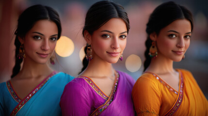 Obraz premium stylish set of three Indian women in vibrant ethnic outfits