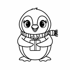 Cute penguin holding gift vector illustration for winter holidays and christmas celebration silhouette white background