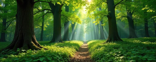 Sun-dappled forest floor, lush green undergrowth, ancient trees reaching for the sky, dappled sunlight filtering through leaves ,  environment,  leaves,  forest path