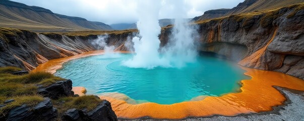 Steaming geothermal waters cascade into a vibrant, otherworldly Icelandic hot spring pool, surrounded by rugged volcanic rock formations and lush green moss , nature, powerful, wild