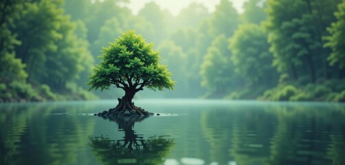 Pixelated Lake Tree  A pixel art tree in a Lake with a Blurred Green Forest, Retro Style