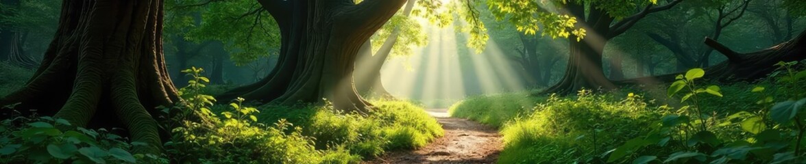 Sun-dappled forest path winding through ancient trees, dappled light filtering through leaves, creating a magical atmosphere Perfect for fantasy, fairytale, or nature themes , green, untamed