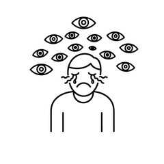 Illustration Art Vector Showing Sad Man with Eyes Watching Overhead in Minimalist Style
