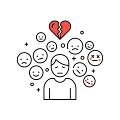 Vector Illustration of Sad Man with Broken Heart and Emoji Faces Modern Style