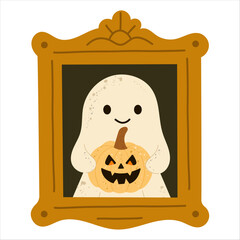 Halloween ghost holding pumpkin in ornate frame illustration