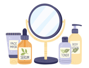 Cosmetic skincare vector set including mirror, facial mask, serum, toner, lotion, gua sha, jade roller, massage brush and combs. Modern flat illustration for wellness, spa, daily routine and personal 