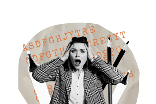 Creative collage picture young businesswoman worker employee marker pencil supplies shocked reaction speechless stupor omg problem dilemma