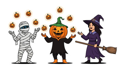 Spooky Halloween Characters: A trio of whimsical figures—a mummy, a pumpkin-headed character, and a witch—juggle illuminated jack-o'-lanterns in a vibrant Halloween illustration.  
