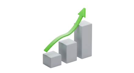 Three dimensional gray bar chart with a vibrant green upward trending arrow isolated on white background