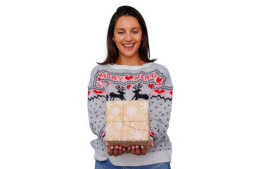 Woman presenting christmas gift box, celebrating holiday season, wearing festive sweater, transparent background