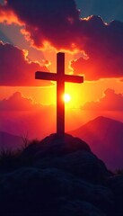 Symbolic depiction of Christian salvation; a cross silhouetted against a vibrant sunrise, suggesting hope, redemption, and new beginnings , heaven, soul, gospel