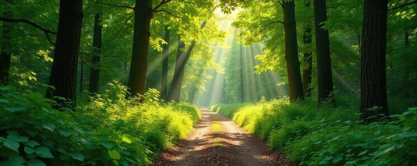Sun-Dappled Forest Path A Magical Summer Hike Through Lush Green Foliage